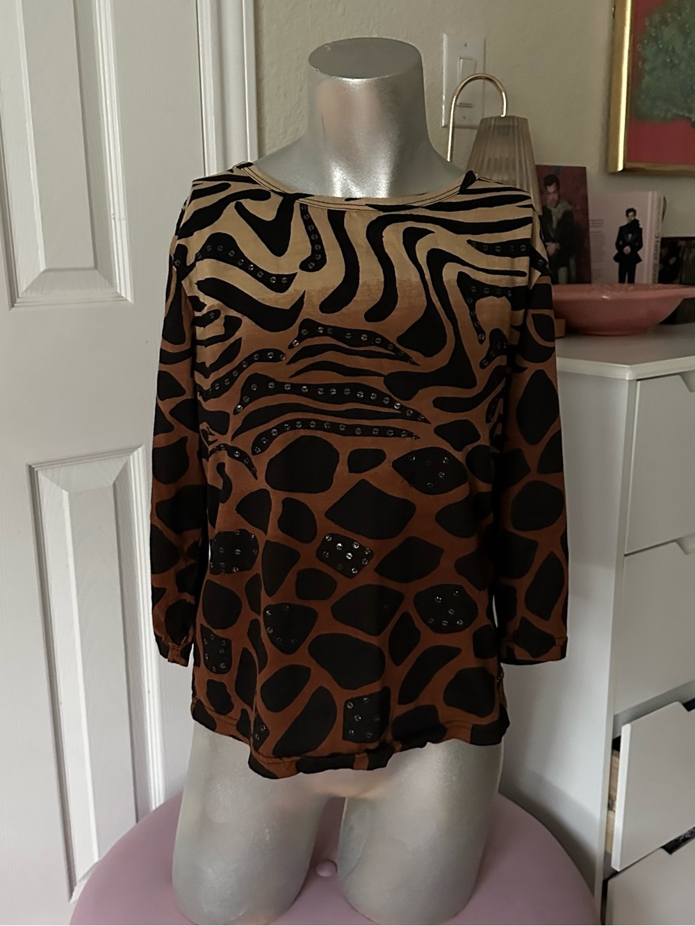 Y2K Shana K Leopard & Tiger Print Sequin Quarter Sleeve Top